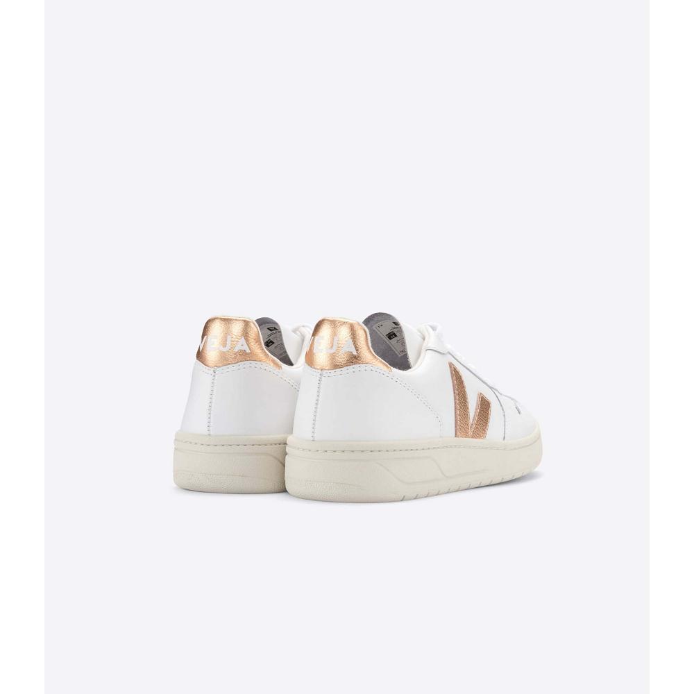 Veja V-10 LEATHER Sneakers Dames White/Gold | BE 641CTV